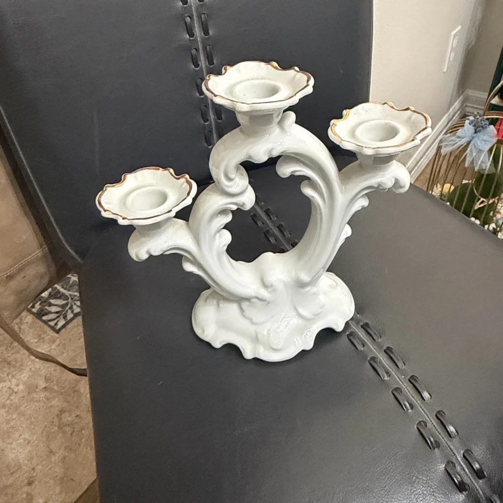 Vintage Porcelain White Candle Holder with Gold accents